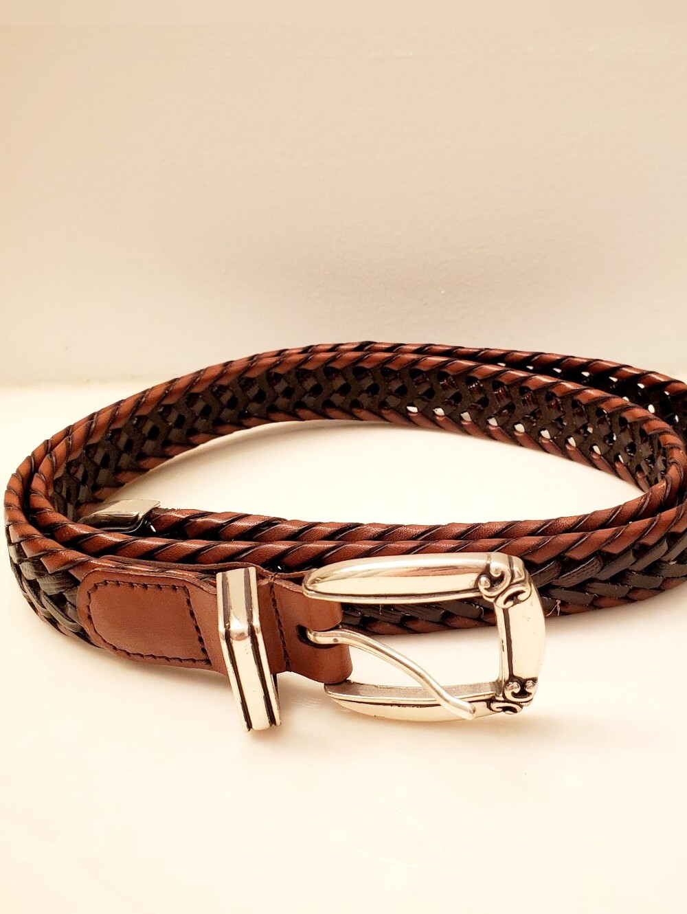 FOSSIL Braided Brown Genuine Leather Belt with Silver Buckle, Size XL, Very Good